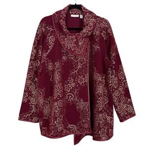 Susan Graver Foil Printed Textured Knit Jacket Red Single Button Womens Size 2X